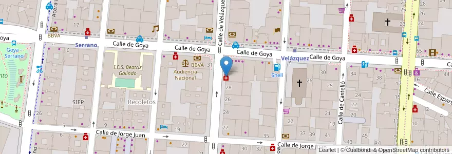 Mapa de ubicacion de Farmacia - Calle Velázquez 30 en اسپانیا, بخش خودمختار مادرید, بخش خودمختار مادرید, Área Metropolitana De Madrid Y Corredor Del Henares, مادرید.