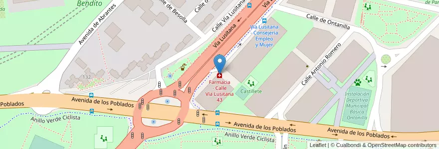 Mapa de ubicacion de Farmacia - Calle Vía Lusitana 43 en Espanha, Comunidade De Madrid, Comunidade De Madrid, Área Metropolitana De Madrid Y Corredor Del Henares, Madrid.