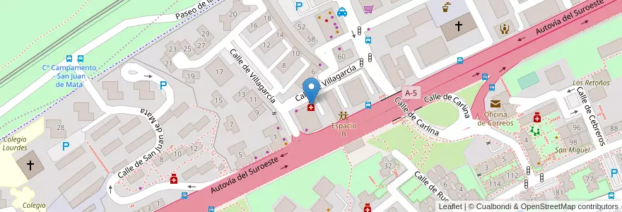 Mapa de ubicacion de Farmacia - Calle Villagarcía 2 en スペイン, マドリード州, Comunidad De Madrid, Área Metropolitana De Madrid Y Corredor Del Henares, Madrid.
