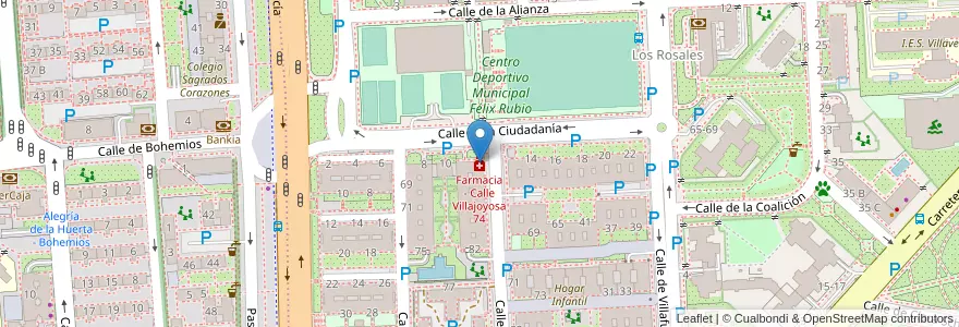 Mapa de ubicacion de Farmacia - Calle Villajoyosa 74 en إسبانيا, منطقة مدريد, منطقة مدريد, Área Metropolitana De Madrid Y Corredor Del Henares, مدريد.