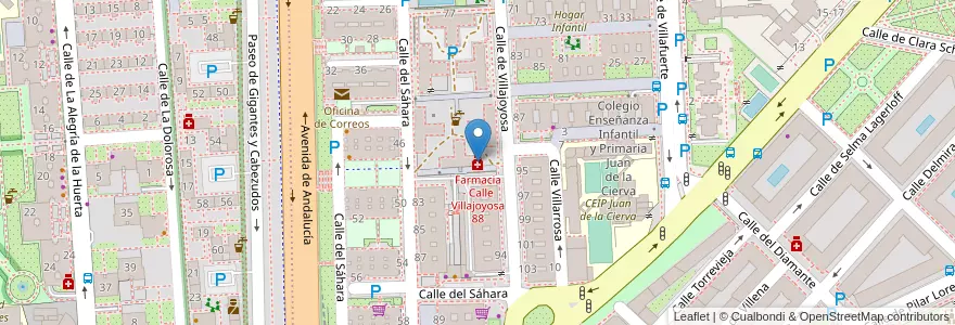 Mapa de ubicacion de Farmacia - Calle Villajoyosa 88 en اسپانیا, بخش خودمختار مادرید, بخش خودمختار مادرید, Área Metropolitana De Madrid Y Corredor Del Henares, مادرید.