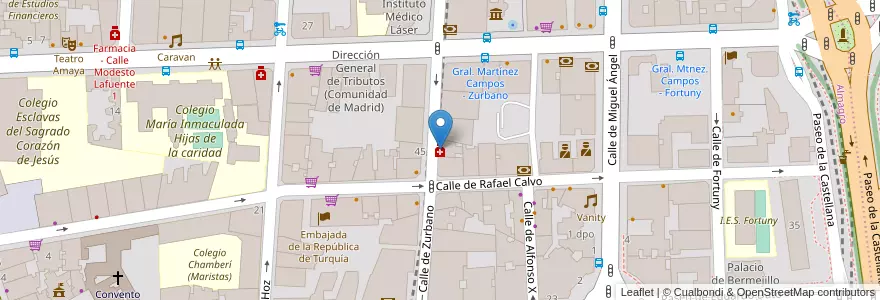 Mapa de ubicacion de Farmacia - Calle Zurbano 54 en اسپانیا, بخش خودمختار مادرید, بخش خودمختار مادرید, Área Metropolitana De Madrid Y Corredor Del Henares, مادرید.
