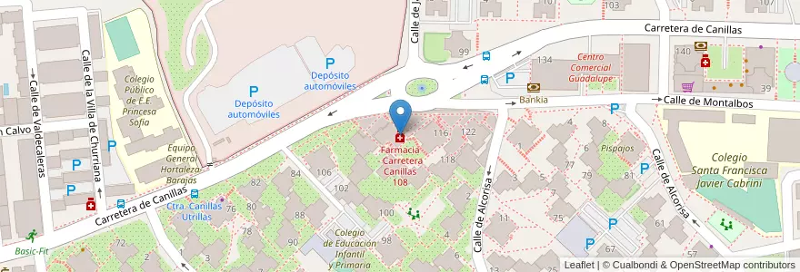 Mapa de ubicacion de Farmacia - Carretera Canillas 108 en اسپانیا, بخش خودمختار مادرید, بخش خودمختار مادرید, Área Metropolitana De Madrid Y Corredor Del Henares, مادرید.