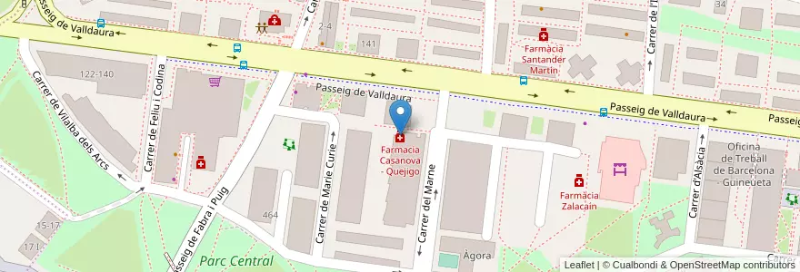 Mapa de ubicacion de Farmacia Casanova - Quejigo en Espanha, Catalunha, Barcelona, Barcelonès, Barcelona.
