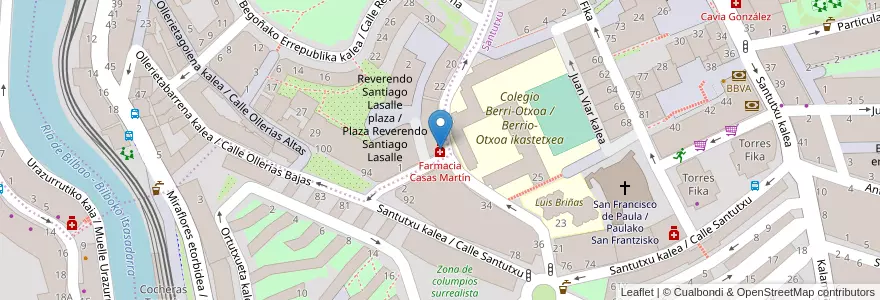 Mapa de ubicacion de Farmacia Casas Martín en Espagne, Pays Basque Autonome, Biscaye, Grand-Bilbao, Bilbao.