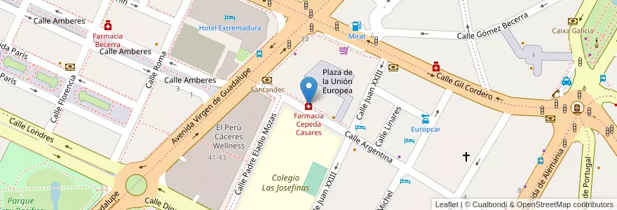 Mapa de ubicacion de Farmacia Cepeda Casares en スペイン, エストレマドゥーラ州, Cáceres, Cáceres, Cáceres.