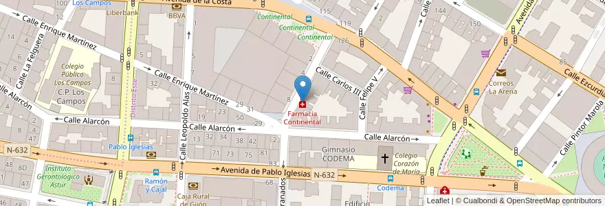 Mapa de ubicacion de Farmacia Continental en 스페인, 아스투리아스, 아스투리아스, Gijón/Xixón.