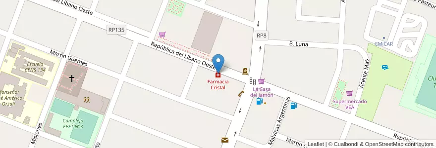 Mapa de ubicacion de Farmacia Cristal en الأرجنتين, سان خوان, تشيلي, Rawson.