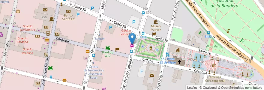Mapa de ubicacion de Farmacia de la Plaza en 아르헨티나, Santa Fe, Departamento Rosario, Municipio De Rosario, 로사리오.