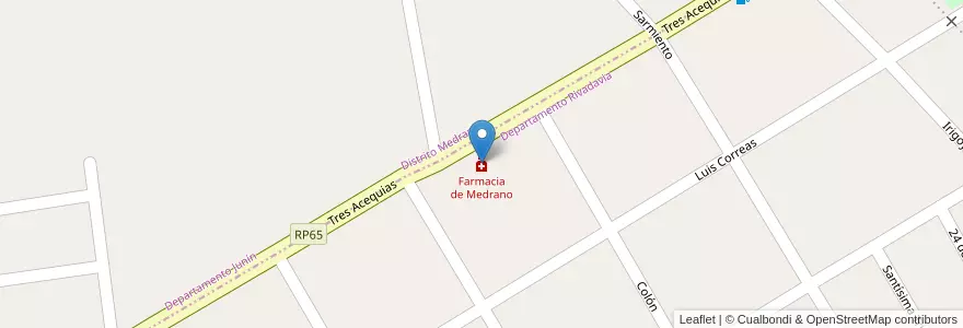 Mapa de ubicacion de Farmacia de Medrano en アルゼンチン, チリ, メンドーサ州, Departamento Junín.