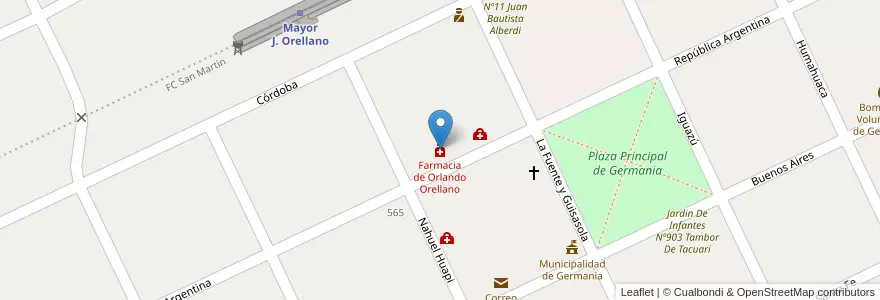 Mapa de ubicacion de Farmacia de Orlando Orellano en 아르헨티나, 부에노스아이레스주, Partido De General Pinto.