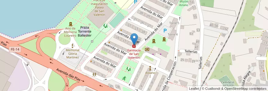 Mapa de ubicacion de Farmacia de San Valentín en Spanje, Galicië, A Coruña, Ferrol, Fene.