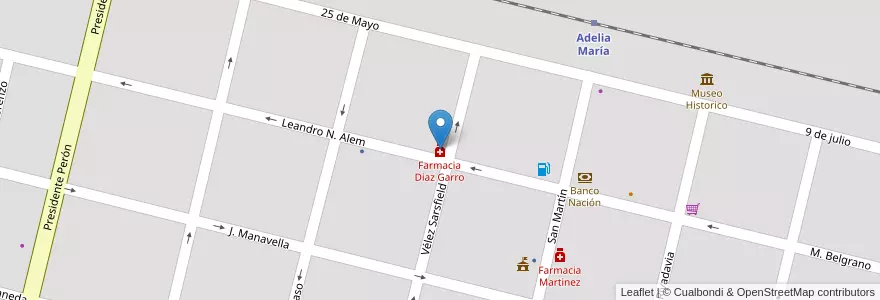 Mapa de ubicacion de Farmacia Diaz Garro en Argentina, Córdoba, Departamento Río Cuarto, Pedanía Cautiva, Municipio De Adelia María, Adelia María.