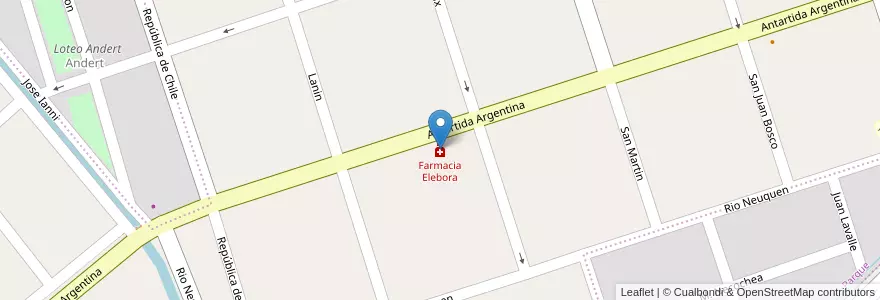Mapa de ubicacion de Farmacia Elebora en Argentina, Cile, Provincia Di Neuquén, Departamento Confluencia, Centenario.
