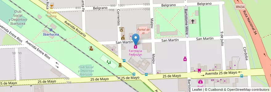Mapa de ubicacion de Farmacia Fedyszyn en الأرجنتين, سانتا في, Departamento Rosario, Municipio De Ibarlucea, Ibarlucea.