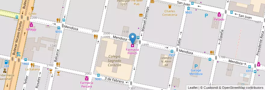 Mapa de ubicacion de Farmacía French en アルゼンチン, サンタフェ州, Departamento Rosario, Municipio De Rosario, ロサリオ.