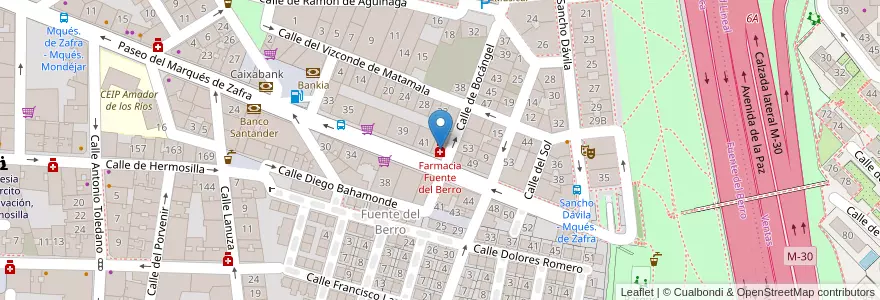 Mapa de ubicacion de Farmacia Fuente del Berro en 西班牙, Comunidad De Madrid, Comunidad De Madrid, Área Metropolitana De Madrid Y Corredor Del Henares, Madrid.