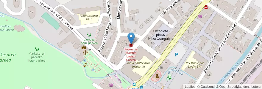 Mapa de ubicacion de Farmacia Fuertes López-Casero en 西班牙, 巴斯克, Araba/Álava, Aiarako Koadrilla/Cuadrilla De Ayala, Laudio/Llodio.