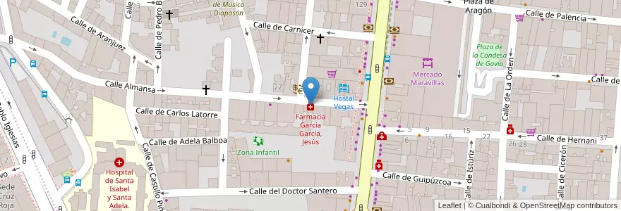Mapa de ubicacion de Farmacia García García, Jesús en اسپانیا, بخش خودمختار مادرید, بخش خودمختار مادرید, Área Metropolitana De Madrid Y Corredor Del Henares, مادرید.