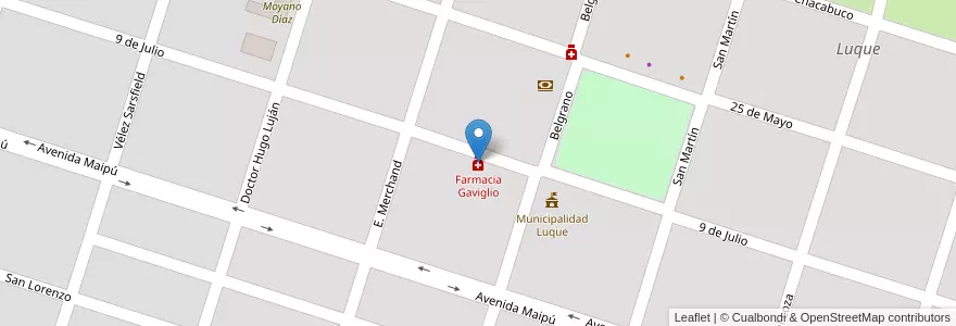 Mapa de ubicacion de Farmacia Gaviglio en Аргентина, Кордова, Departamento Río Segundo, Municipio De Luque, Pedanía Arroyo De Álvarez, Luque.