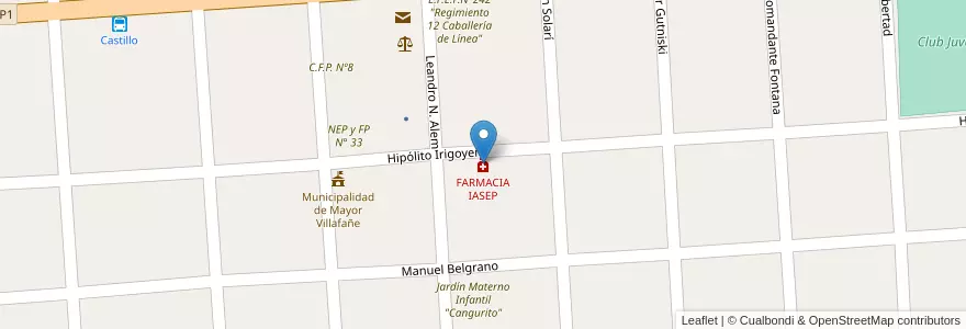 Mapa de ubicacion de FARMACIA IASEP en アルゼンチン, フォルモサ州, Departamento Pirané, Municipio De Mayor Vicente Villafañe.