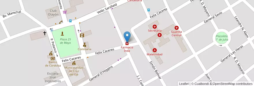 Mapa de ubicacion de Farmacia Inda en Argentine, Córdoba, Departamento Cruz Del Eje, Municipio De Cruz Del Eje, Pedanía Cruz Del Eje, Cruz Del Eje.