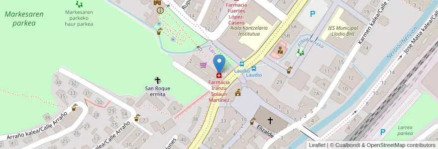 Mapa de ubicacion de Farmacia Iranzu Solaun Martínez en 스페인, Euskadi, Araba/Álava, Aiarako Koadrilla/Cuadrilla De Ayala, Laudio/Llodio.