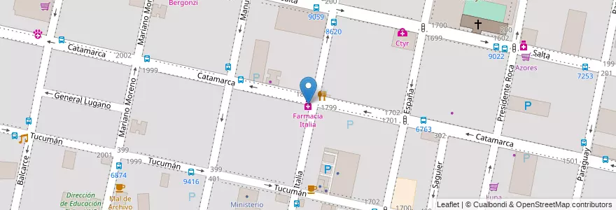 Mapa de ubicacion de Farmacia Italia en الأرجنتين, سانتا في, Departamento Rosario, Municipio De Rosario, روساريو.