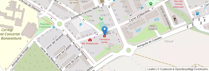 Mapa de ubicacion de Farmàcia Jorba en スペイン, カタルーニャ州, Barcelona, Garraf, Vilanova I La Geltrú.