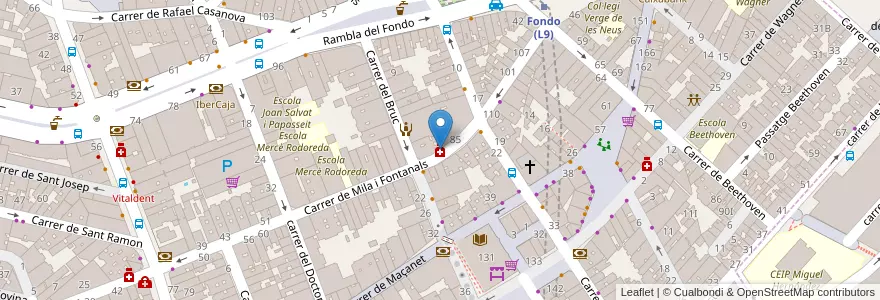 Mapa de ubicacion de Farmacia Laura Gomá en スペイン, カタルーニャ州, Barcelona, バルサルネス, Badalona, Santa Coloma De Gramenet.