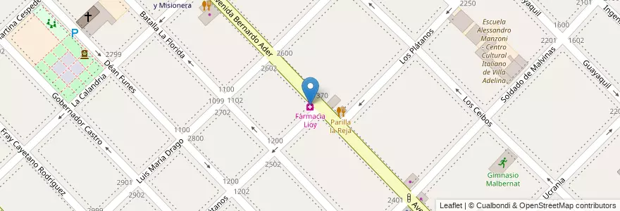 Mapa de ubicacion de Farmacia Lioy en Arjantin, Buenos Aires, Partido De San Isidro, Partido De General San Martín, Villa Adelina.