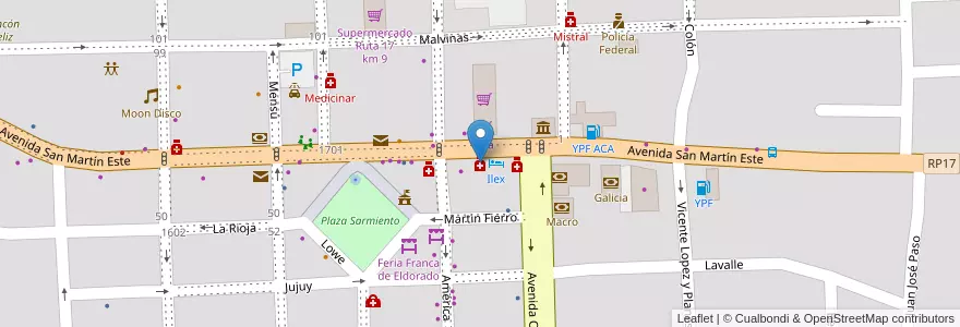 Mapa de ubicacion de Farmacia Los Alpes;Los Alpes en アルゼンチン, ミシオネス州, Departamento Eldorado, Municipio De Eldorado, Eldorado.