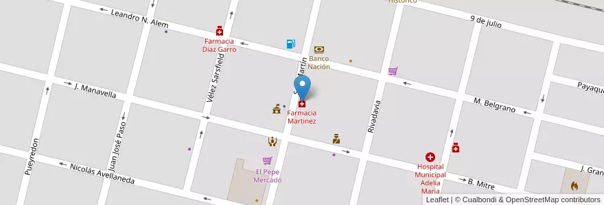 Mapa de ubicacion de Farmacia Martinez en الأرجنتين, Córdoba, Departamento Río Cuarto, Pedanía Cautiva, Municipio De Adelia María, Adelia María.