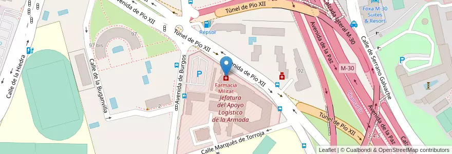 Mapa de ubicacion de Farmacia Militar en スペイン, マドリード州, Comunidad De Madrid, Área Metropolitana De Madrid Y Corredor Del Henares, Madrid.