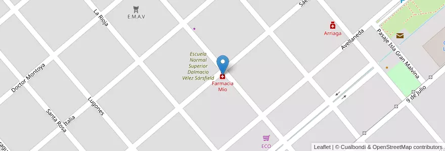 Mapa de ubicacion de Farmacia Mío en Аргентина, Кордова, Departamento San Justo, Pedanía Sacanta, Municipio De Las Varillas, Las Varillas.