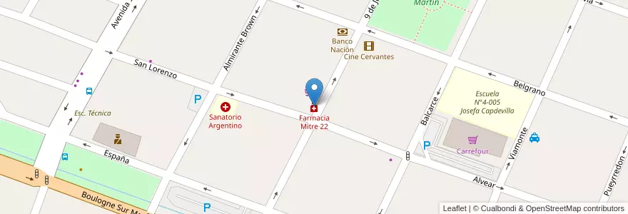 Mapa de ubicacion de Farmacia Mitre 22 en アルゼンチン, チリ, メンドーサ州, Departamento San Martín, Distrito Ciudad De San Martín.