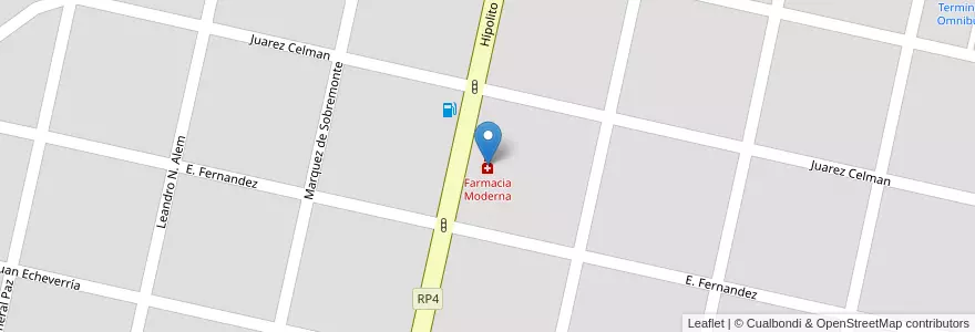 Mapa de ubicacion de Farmacia Moderna en Arjantin, Córdoba, Departamento Juárez Celman, Pedanía La Carlota, Municipio De La Carlota, La Carlota.