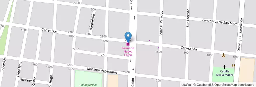 Mapa de ubicacion de Farmacia Nueva Colon en Argentinië, Chili, Mendoza, Departamento Guaymallén, Distrito Belgrano.