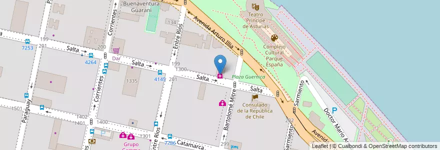 Mapa de ubicacion de Farmacia Parque Espana en الأرجنتين, سانتا في, Departamento Rosario, Municipio De Rosario.