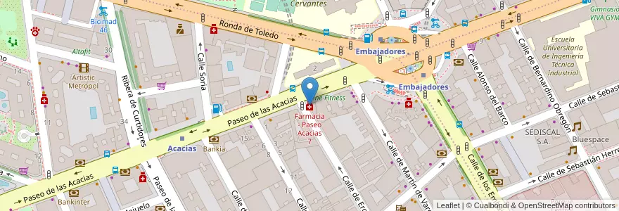 Mapa de ubicacion de Farmacia - Paseo Acacias 7 en اسپانیا, بخش خودمختار مادرید, بخش خودمختار مادرید, Área Metropolitana De Madrid Y Corredor Del Henares, مادرید.
