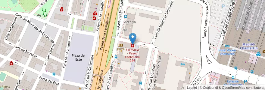 Mapa de ubicacion de Farmacia - Paseo Castellana 264 en スペイン, マドリード州, Comunidad De Madrid, Área Metropolitana De Madrid Y Corredor Del Henares, Madrid.