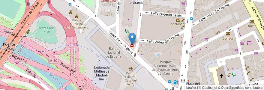 Mapa de ubicacion de Farmacia - Paseo Chopera 31 en España, Comunidad De Madrid, Comunidad De Madrid, Área Metropolitana De Madrid Y Corredor Del Henares, Madrid.