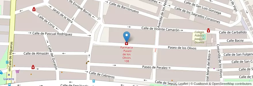 Mapa de ubicacion de Farmacia - Paseo de los Olivos 108 en اسپانیا, بخش خودمختار مادرید, بخش خودمختار مادرید, Área Metropolitana De Madrid Y Corredor Del Henares, مادرید.