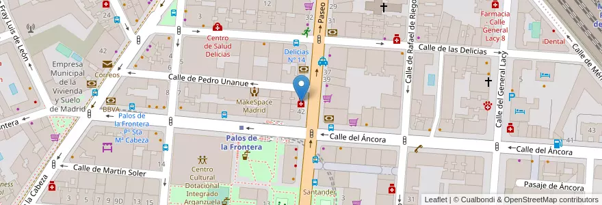 Mapa de ubicacion de Farmacia - Paseo Delicias 40 en اسپانیا, بخش خودمختار مادرید, بخش خودمختار مادرید, Área Metropolitana De Madrid Y Corredor Del Henares, مادرید.