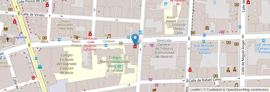 Mapa de ubicacion de Farmacia - Paseo General Martínez Campos 22 en اسپانیا, بخش خودمختار مادرید, بخش خودمختار مادرید, Área Metropolitana De Madrid Y Corredor Del Henares, مادرید.