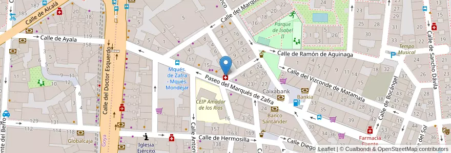 Mapa de ubicacion de Farmacia - Paseo Marqués de Zafra 19 en اسپانیا, بخش خودمختار مادرید, بخش خودمختار مادرید, Área Metropolitana De Madrid Y Corredor Del Henares, مادرید.