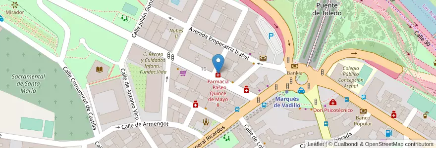 Mapa de ubicacion de Farmacia - Paseo Quince de Mayo 8 en Испания, Мадрид, Мадрид, Área Metropolitana De Madrid Y Corredor Del Henares, Мадрид.