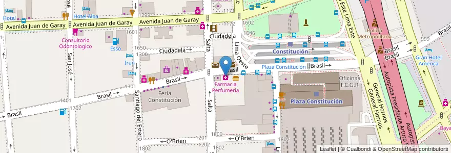Mapa de ubicacion de Farmacia Perfumeria, Constitucion en 阿根廷, Ciudad Autónoma De Buenos Aires, Comuna 4, Comuna 1, 布宜诺斯艾利斯.