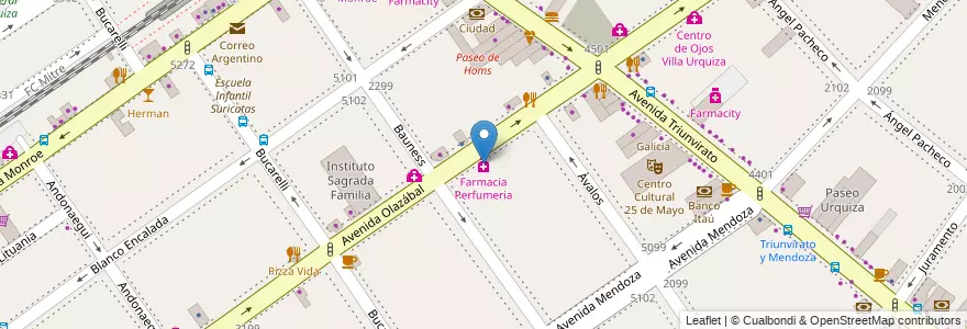 Mapa de ubicacion de Farmacia Perfumeria, Villa Urquiza en Argentinië, Ciudad Autónoma De Buenos Aires, Comuna 12, Buenos Aires.