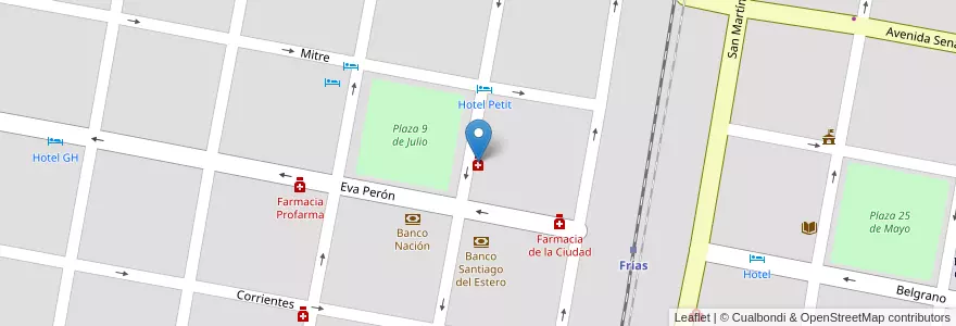 Mapa de ubicacion de Farmacia Pieroni en アルゼンチン, サンティアゴ・デル・エステロ州, Departamento Choya, Frías.